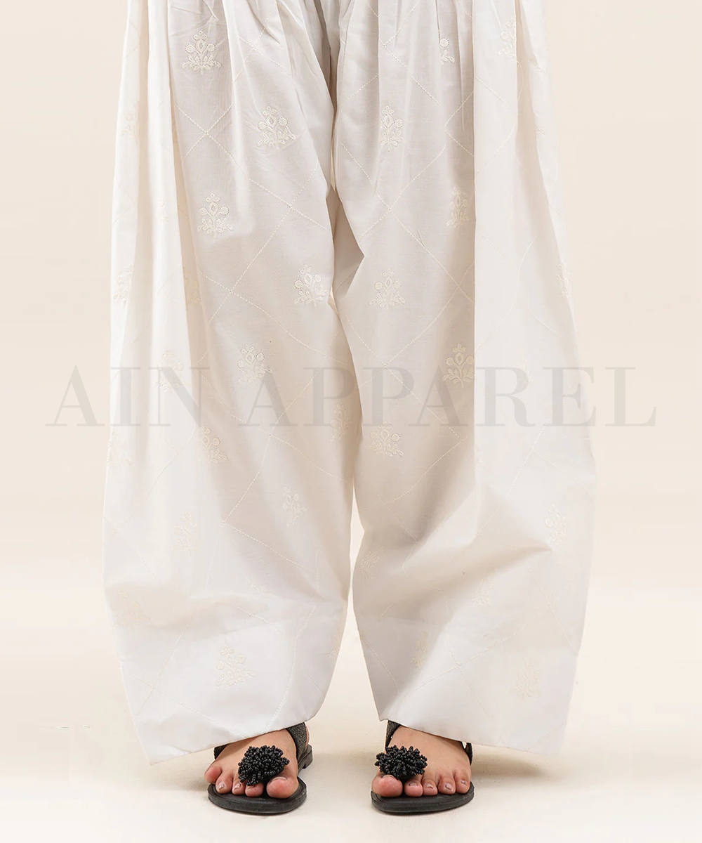 WHITE EMBROIDERED FARSHI SHALWAR - PRE BOOKING